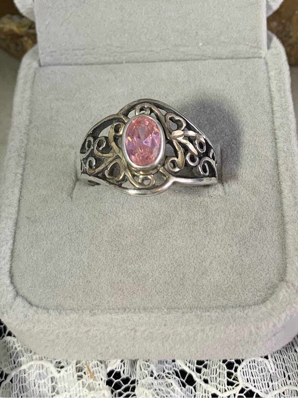 Sterling Silver Pink Topaz Oval Gem Scrollwork Ring